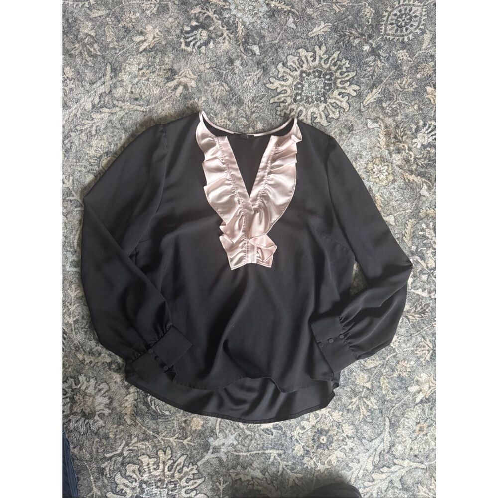 J. Crew Black Blouse with Pale Pink Ruffle V-Neck